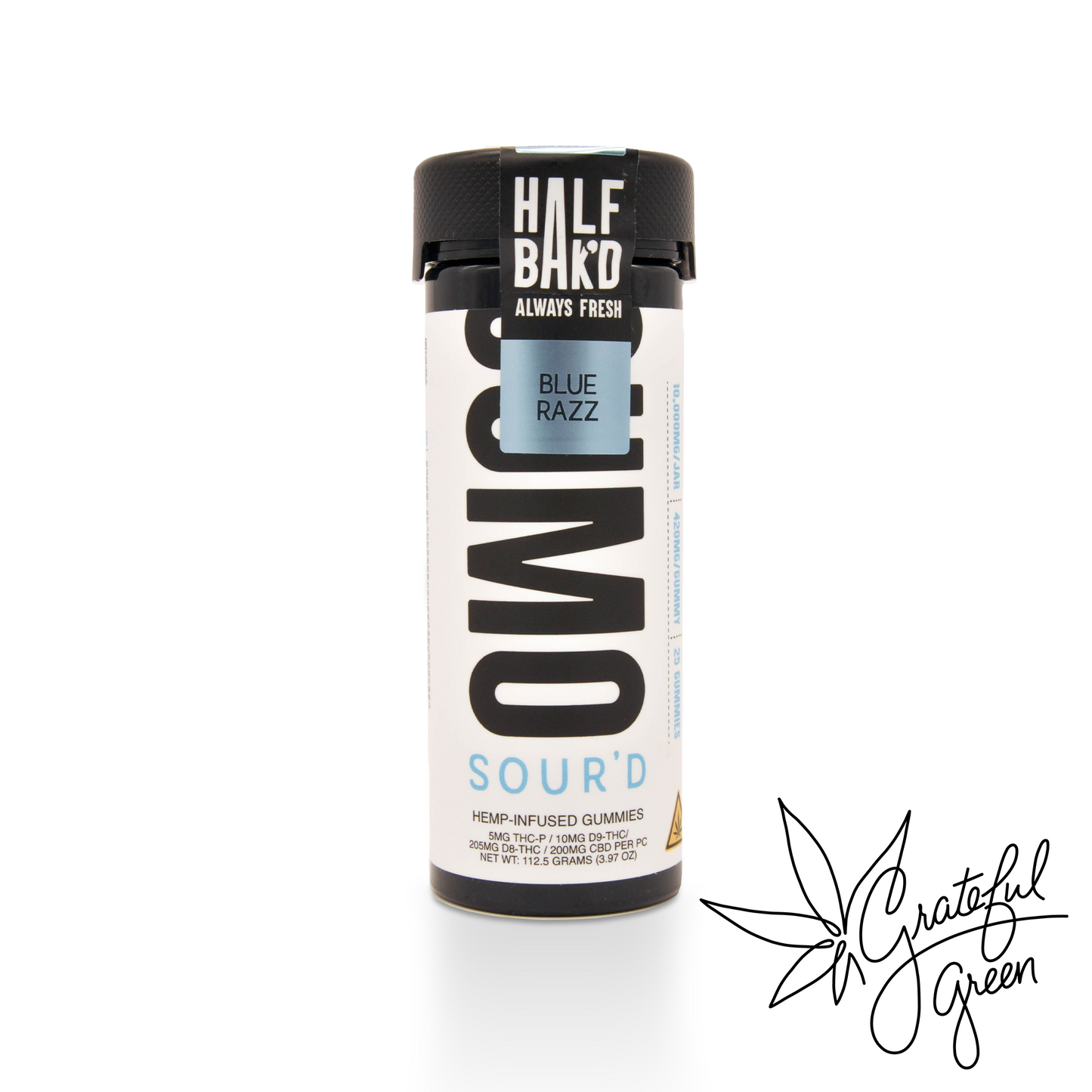 Half Bak'd SUMO Sour'd Blue Razz gummy jar on a white background