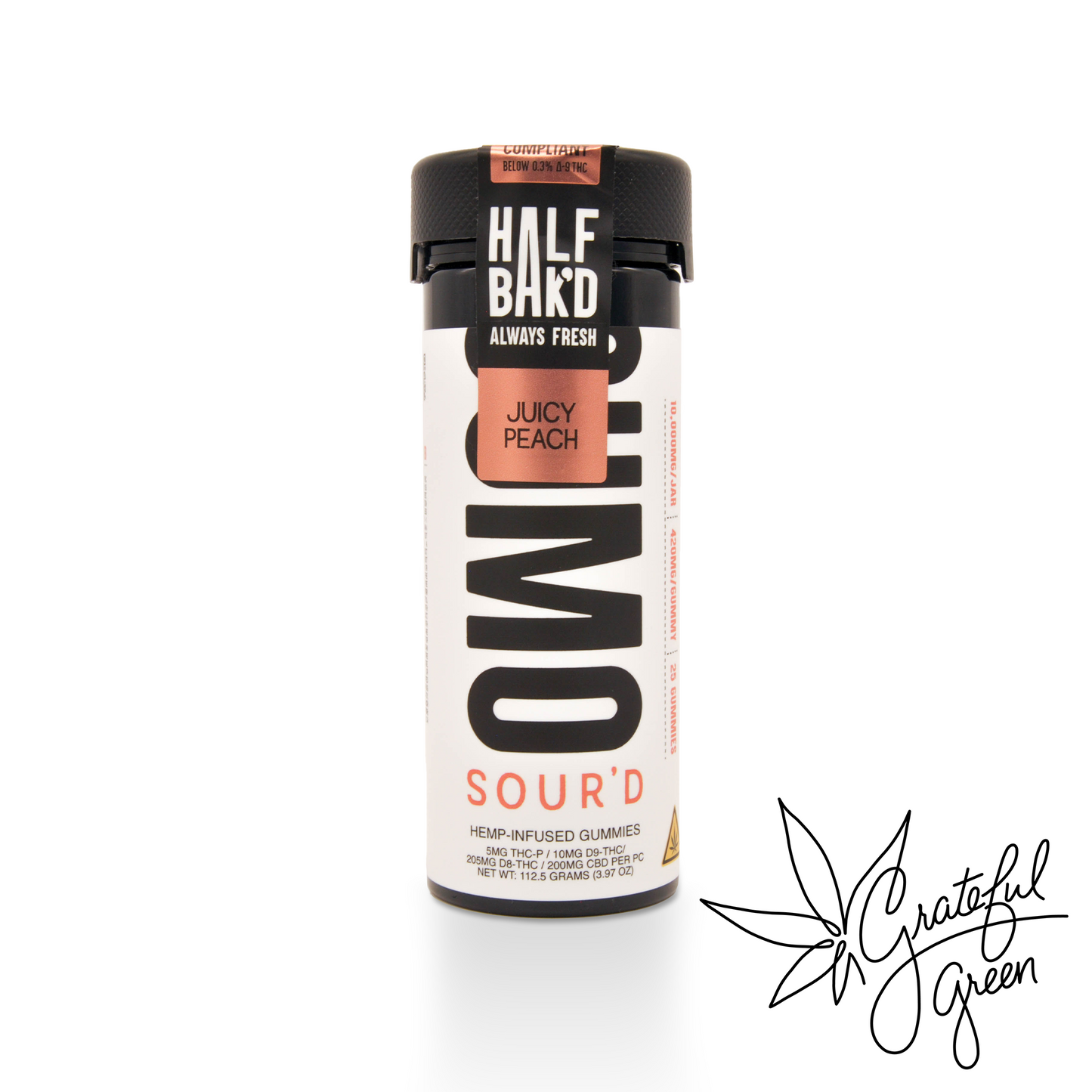 Half Bak'd SUMO Sour'd Juicy Peach gummy jar on a white background