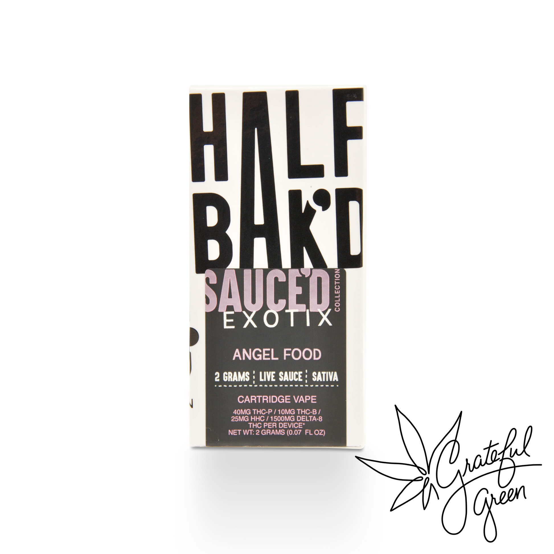 Half Bak'd Sauced' Exotix angel food cartridge vape packaging on a white background.