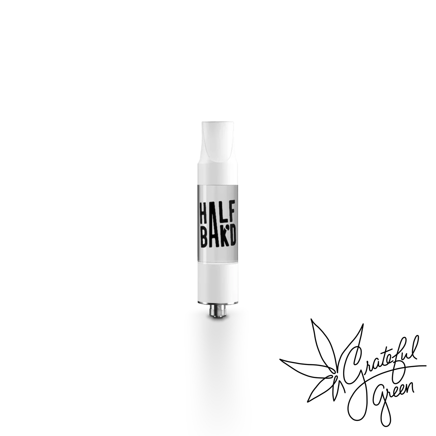 White vape cart with 'Half Baked' branding on a white background with the Grateful Green logo