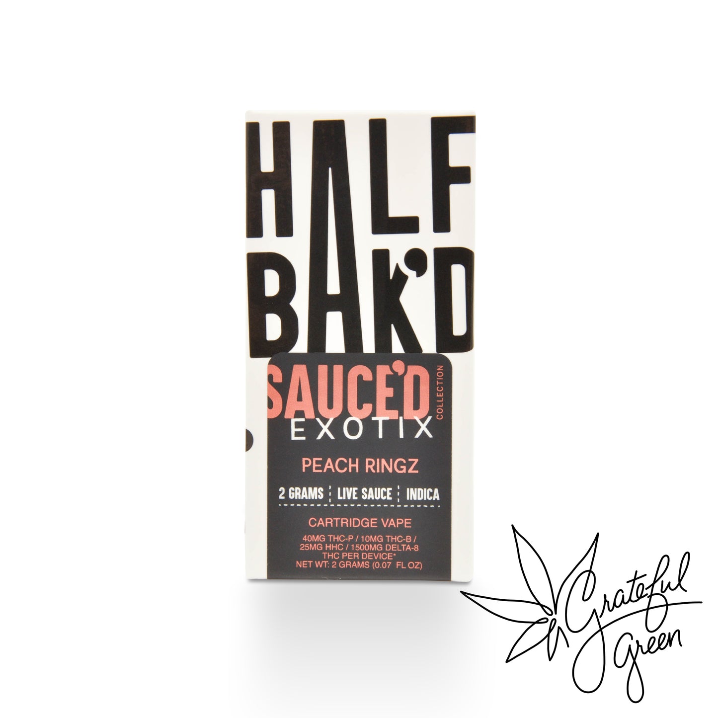 Half Bak'd Sauced' Exotix peach ringz cartridge vape packaging on a white background.