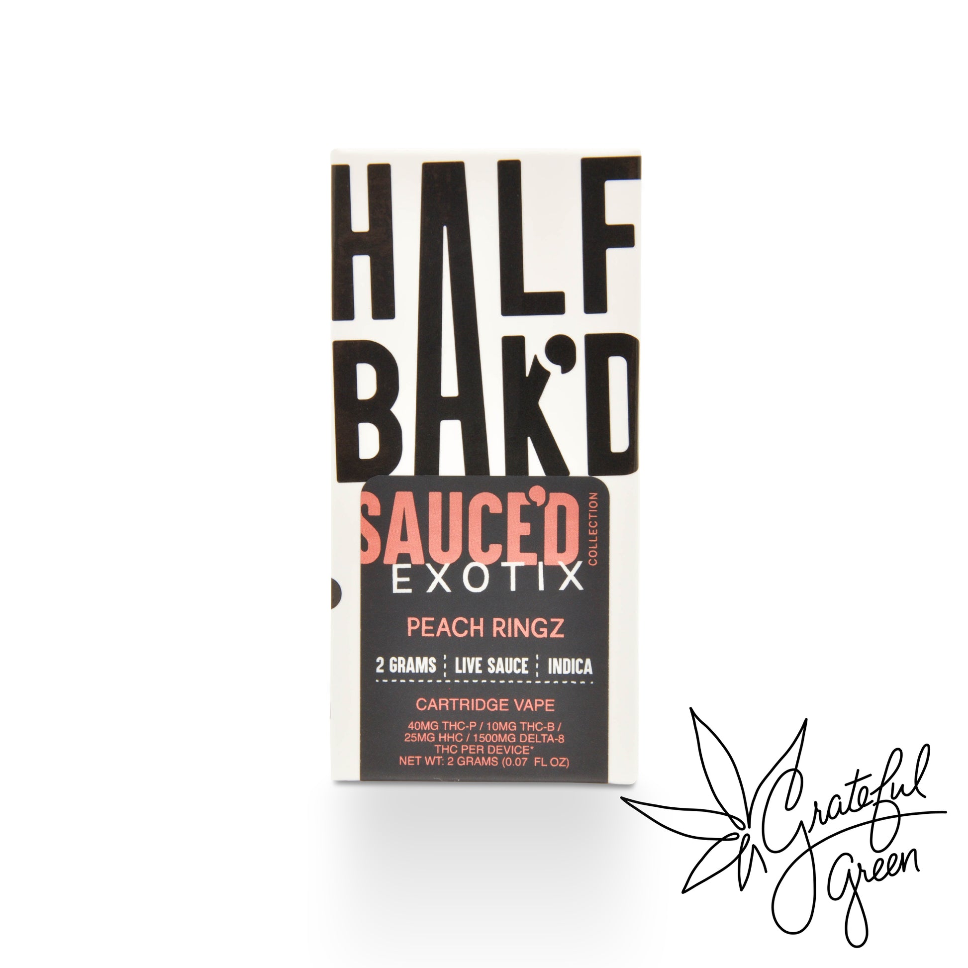 Half Bak'd Sauced' Exotix peach ringz cartridge vape packaging on a white background.