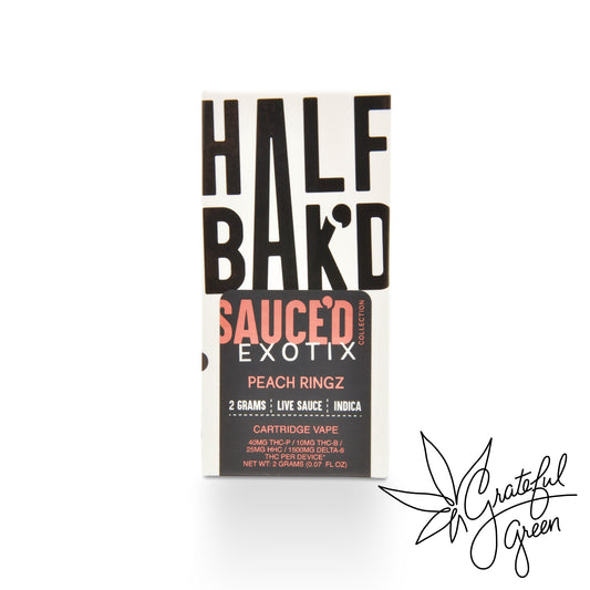 Half Bak'd Sauced' Exotix peach ringz cartridge vape packaging on a white background.